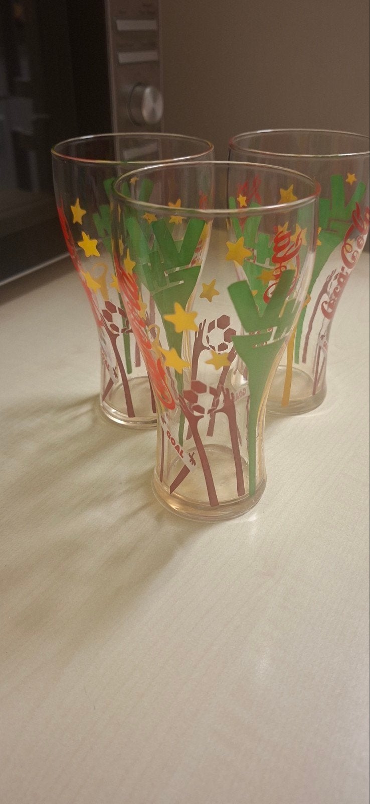 Set van 3 Coca-Cola glazen - WK voetbal thema, Vintage, Gebruikt, Meerkleurig, Ophalen of Verzenden