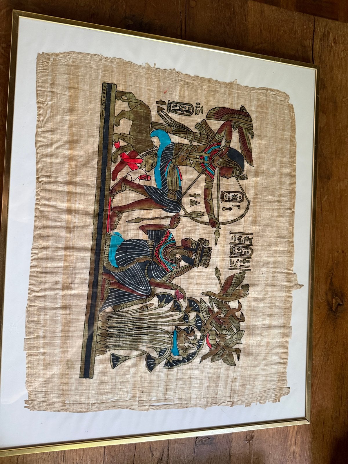 Ingelijste Egyptische Papyrus Schilderij - Jachtscène, Schilderij, Ophalen of Verzenden, Papier/karton, Meerkleurig