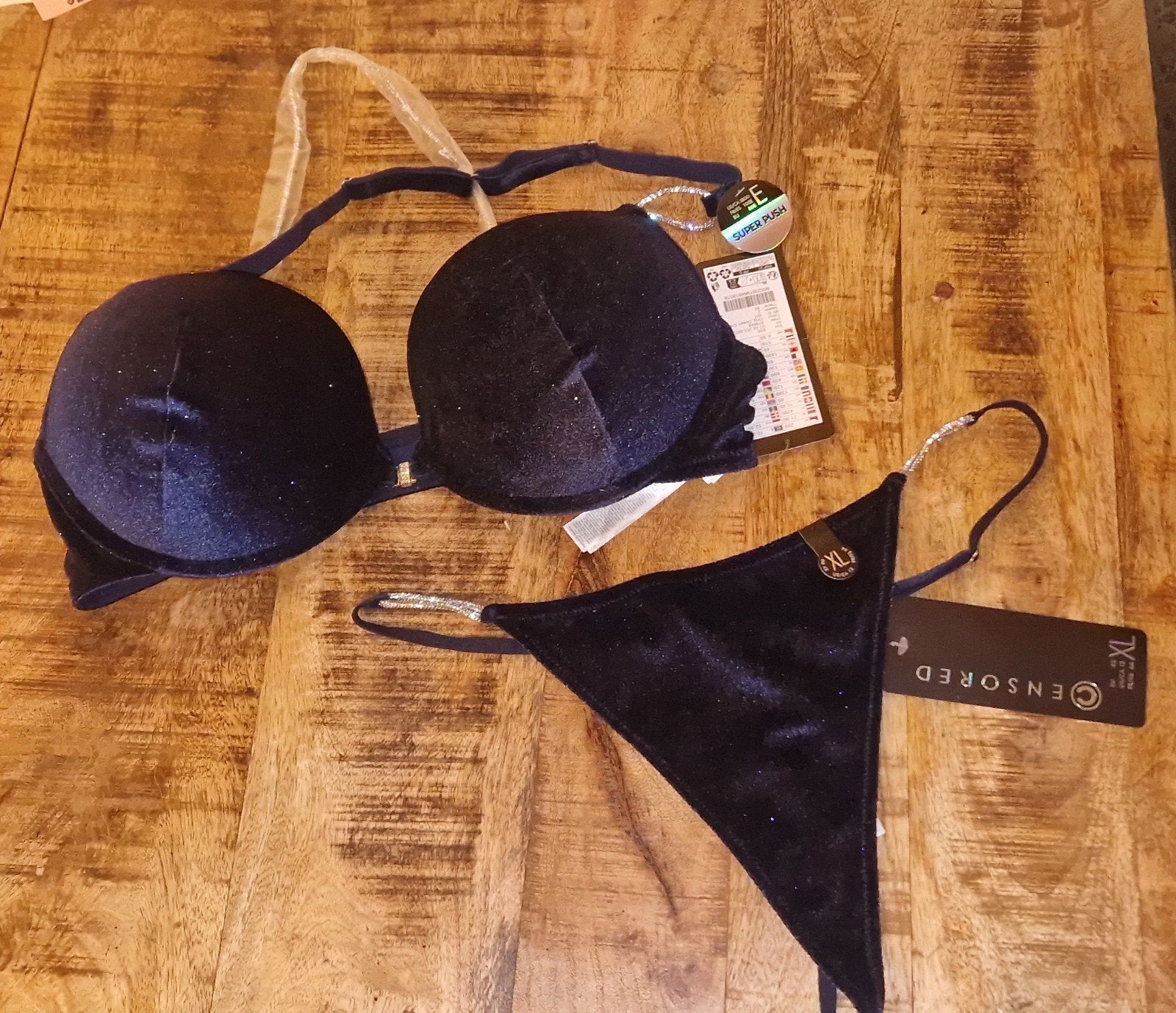 Censored Lingerie Set - BH en String in Donkerblauw, Censored, Verzenden, Blauw, Setje