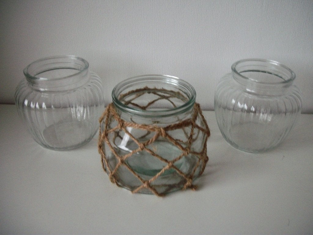 3 Potten Windlicht Glas met Touw - 15 x 13,5 - Nieuw, Ophalen of Verzenden, Nieuw, Glas, Landelijk