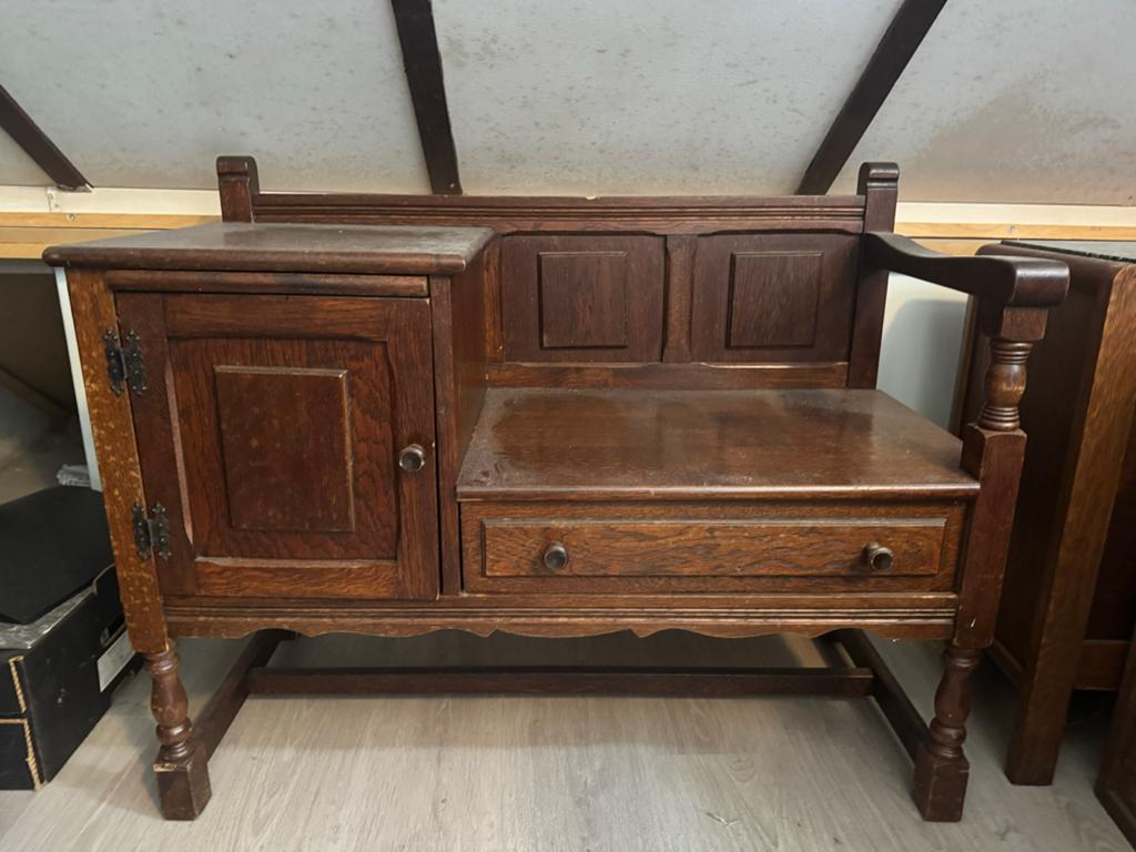 Antieke houten bank met opbergruimte en lade, Ophalen