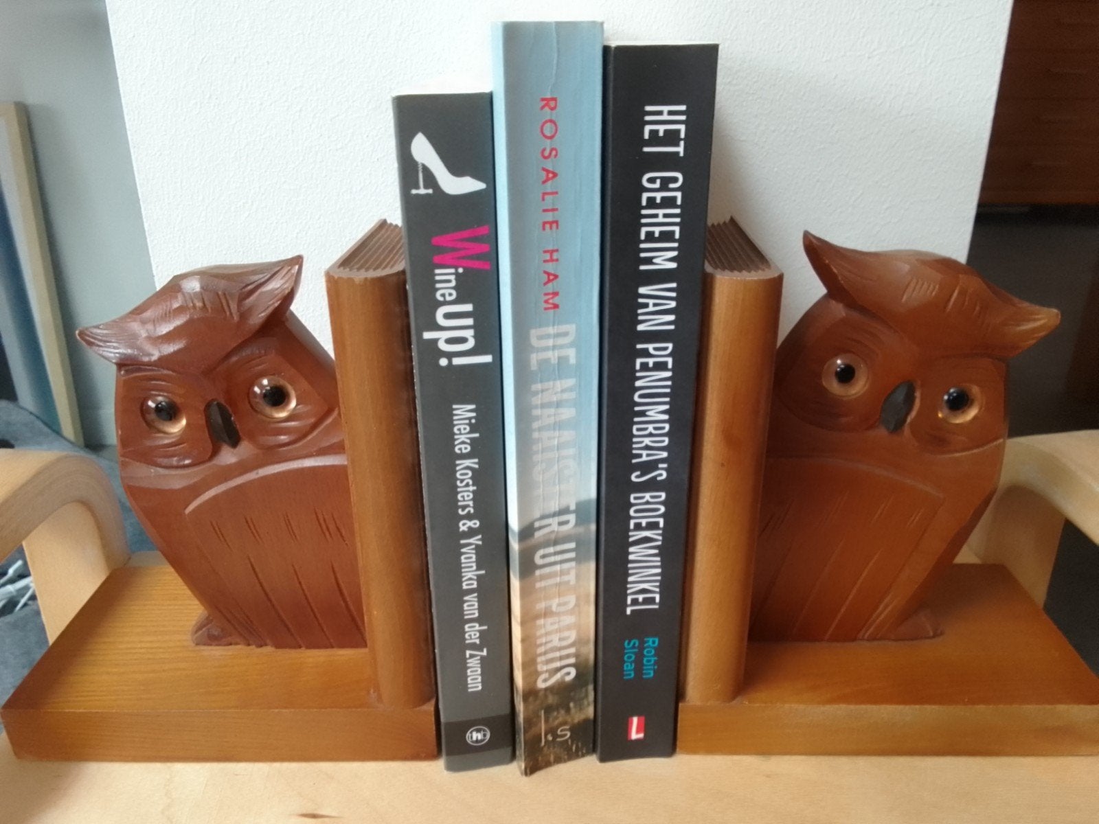 Houten boekensteunen 'Uilen', glazen ogen, gaaf, vintage, Ophalen of Verzenden