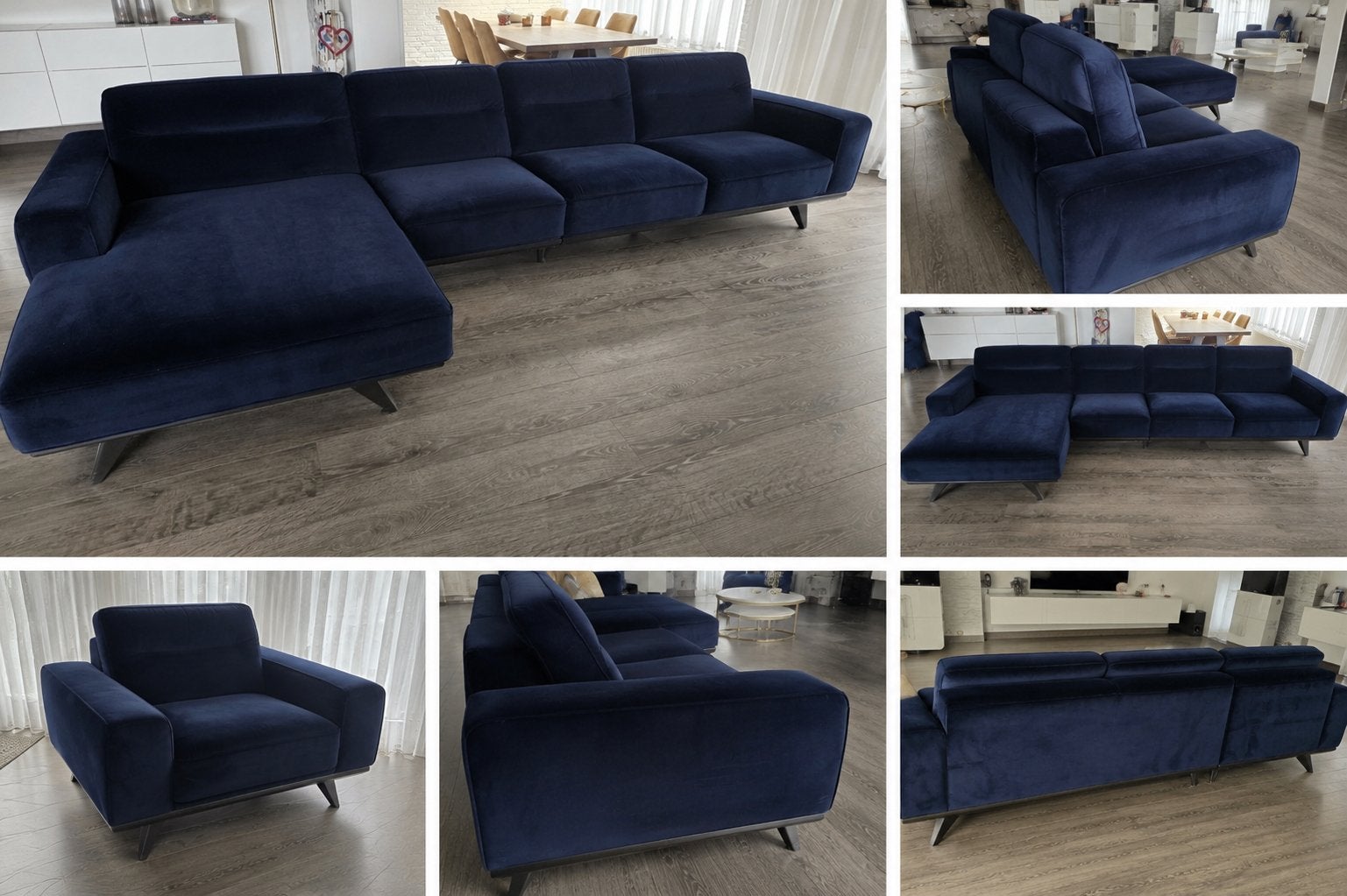 Natuzzi Editions designbank + fauteuil Donkerblauw velours, Huis en Inrichting, Banken | Bankstellen, Gebruikt, Hoekbank, Vierpersoons of meer