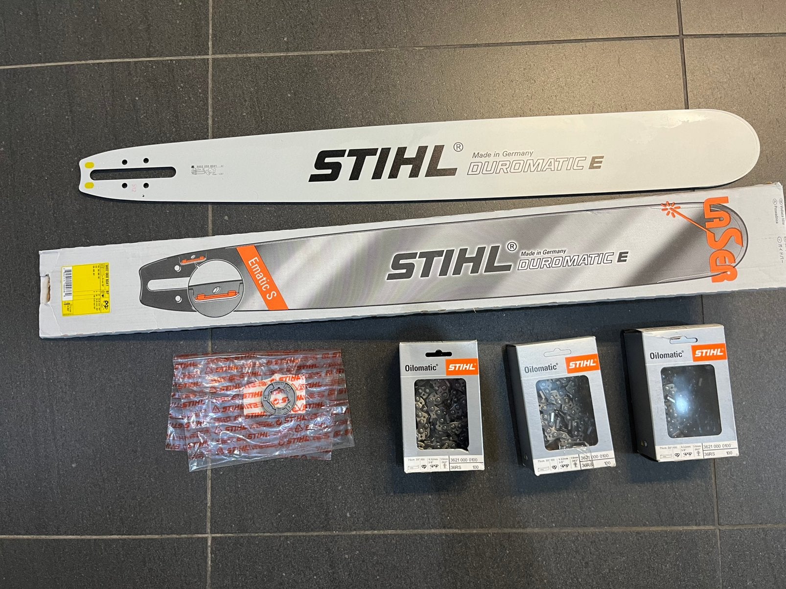 Stihl zaagblad Duromatic E 75cm + 3 kettingen + tandwiel, 70 mm of meer, Kettingzaag, Nieuw, Ophalen of Verzenden