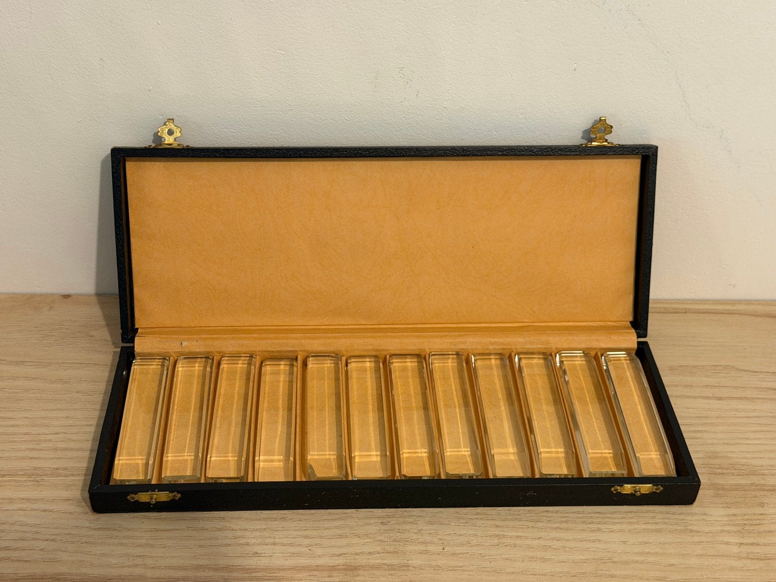 Antieke/Vintage glazen messenleggers in originele cassette, Antiek en Kunst, Ophalen of Verzenden