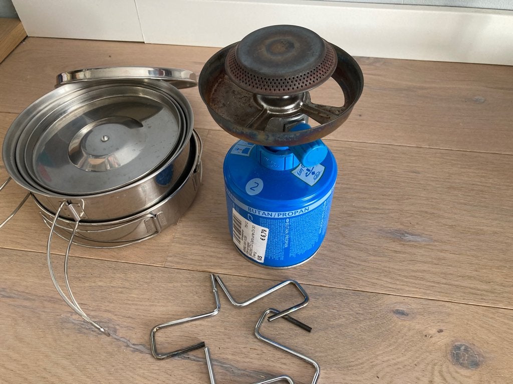 Campingpannen en brander met bankje, Ophalen of Verzenden, Gebruikt
