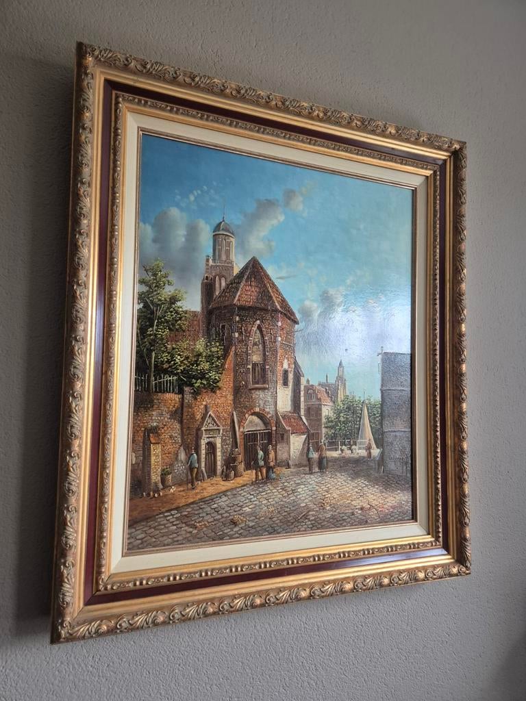 Groot olieverf schilderij stadsgezicht – gesigneerd Beekhout, Ophalen