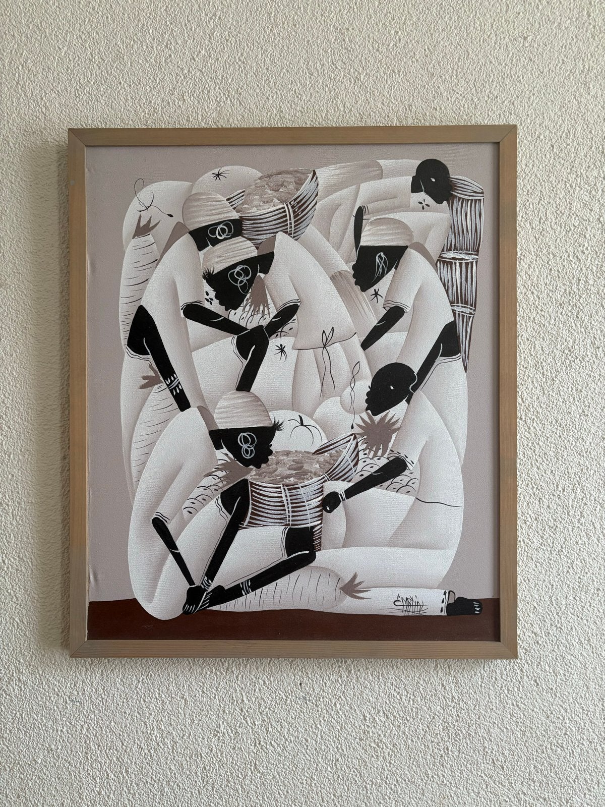 Afrikaans schilderij met mensen in traditionele stijl, Bruin, Afrika, Ophalen of Verzenden, Gesigneerd