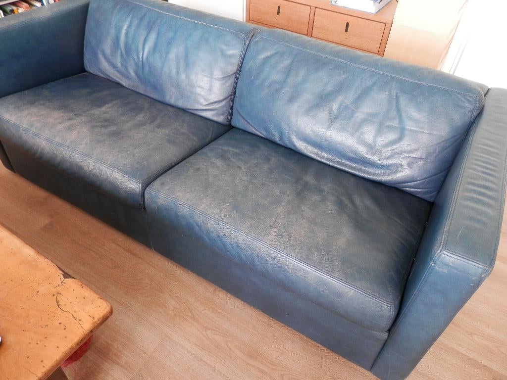 Perida drie-/vierzitsbank leer donkerblauw 190x85x65 cm, Huis en Inrichting, Banken | Bankstellen, Ophalen, Gebruikt, 150 tot 200 cm