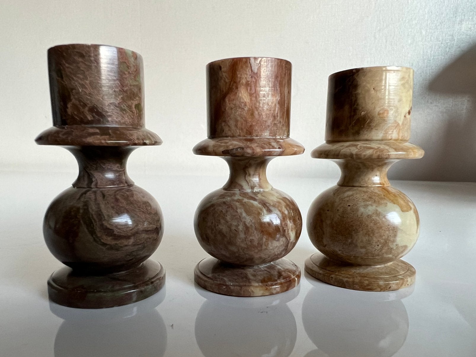 Vintage 3 Marmeren Kandelaren Diabolo Albast Jaren 70, Ophalen of Verzenden, Zo goed als nieuw, Steen/keramiek, Kandelaar