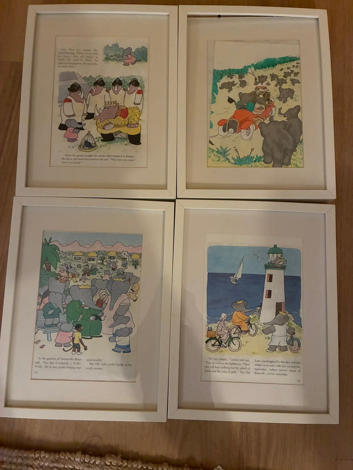 4 Ingelijste schilderijtjes van de Franse strip Babar., Ophalen of Verzenden, Zo goed als nieuw