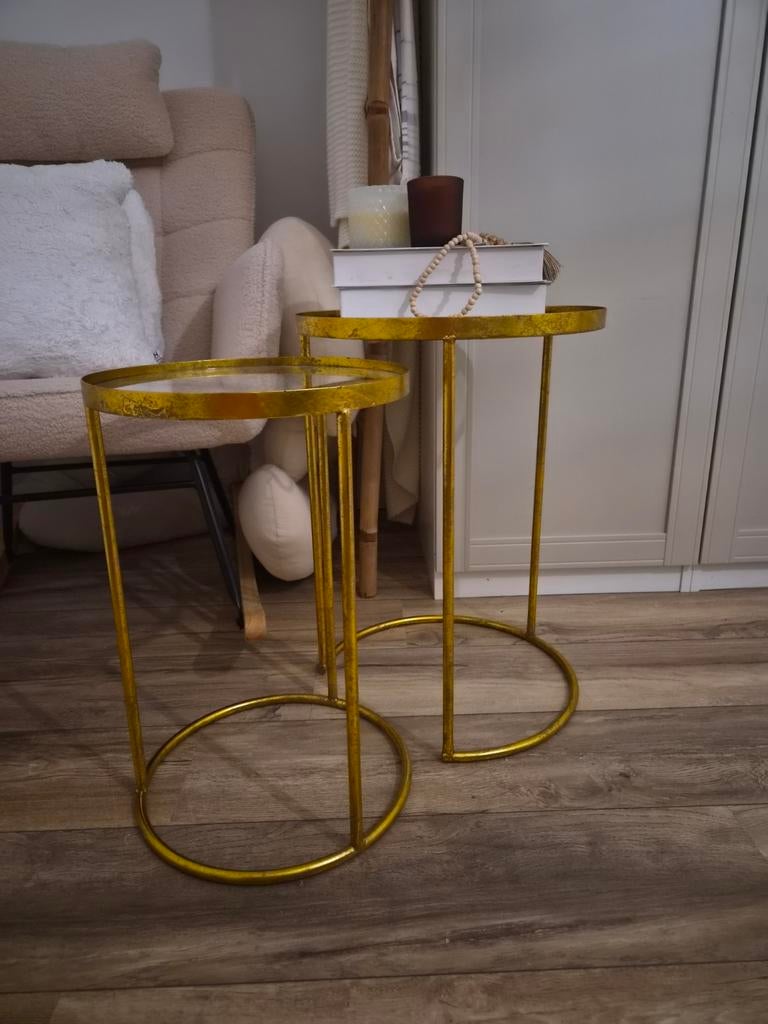 Mooie gouden bijzettafeltjes, Minder dan 55 cm, Metaal of Aluminium, Rond, Zo goed als nieuw
