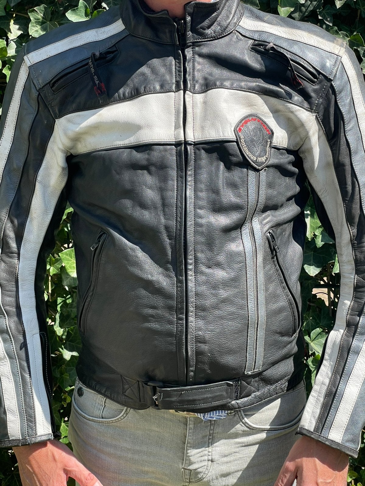 Evolution Motorjas zwart grijs en wit leer maat M-L, Motoren, Ophalen of Verzenden, Tweedehands, Jas | leer