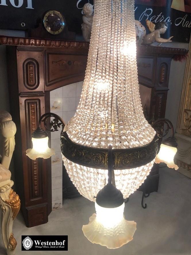 Antieke kristallen zakkroonluchter - kroonluchter brons, Huis en Inrichting, Lampen | Kroonluchters, Ophalen, Gebruikt, Glas