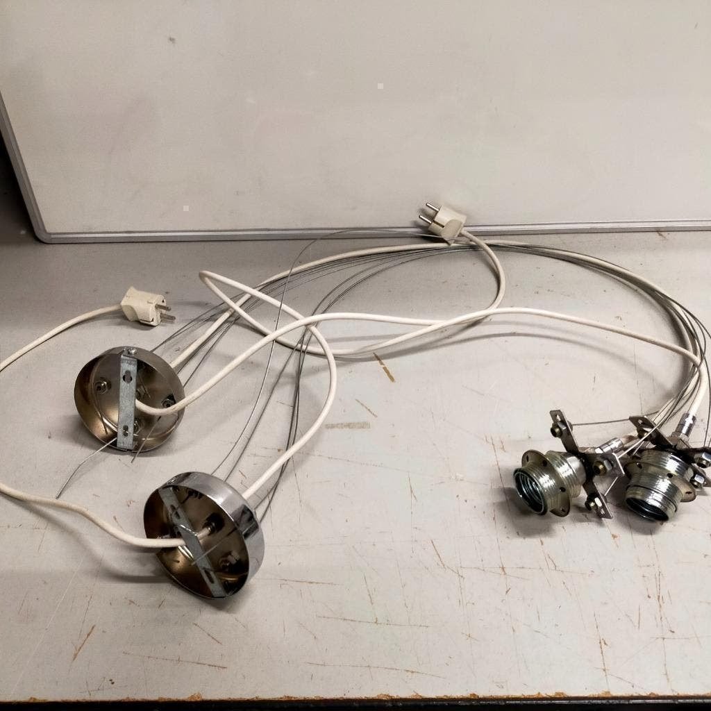 Zilver fitting en plafondkap met snoer en staaldraad lengte, Ophalen, Gebruikt, 75 cm of meer