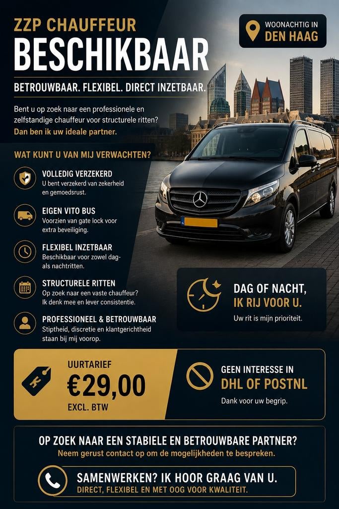 ZZP CHAUFFEUR BESCHIKBAAR – BETROUWBAAR, FLEXIBEL EN DIRECT, Vacatures, 33 - 40 uur, Vanaf 10 jaar, Overige vormen
