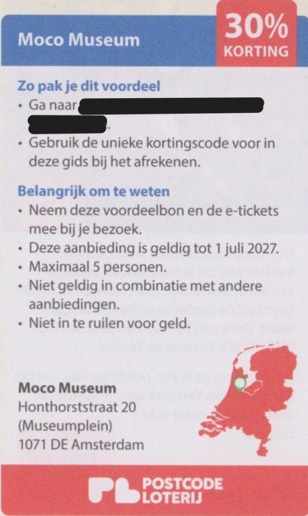 Moco Museum. Amsterdam. 30% korting. Postcodeloterij bon., Tickets en Kaartjes, Musea, Drie personen of meer, Kortingskaart