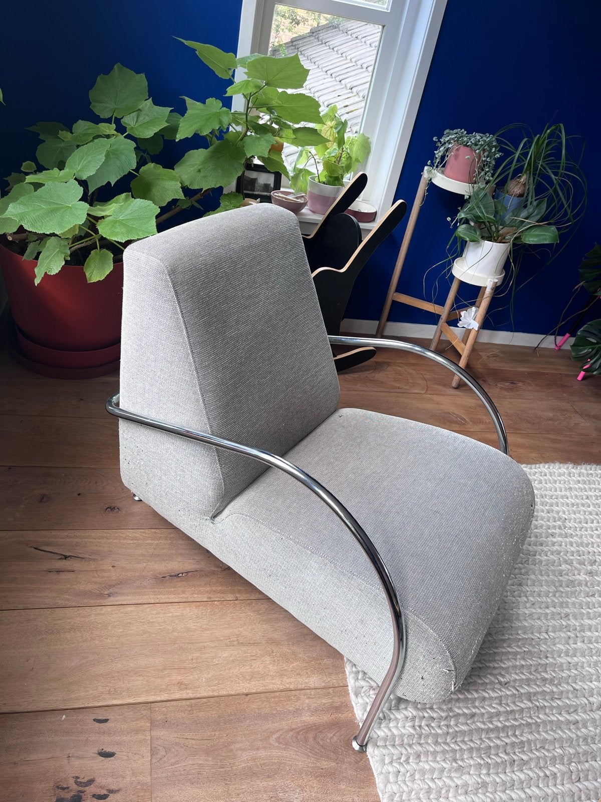 Vintage fauteuil met chromen frame en stoffen bekleding, Huis en Inrichting, Stoelen, Ophalen, Gebruikt, Metaal, Eén
