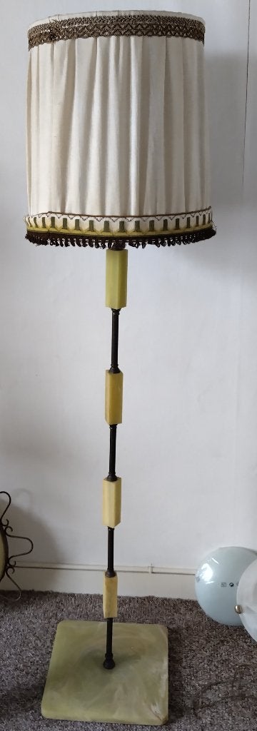 Vintage staande lamp met onyx voet en stoffen kap, Ophalen, Gebruikt, Vintage, Klassiek, Retro, Metaal