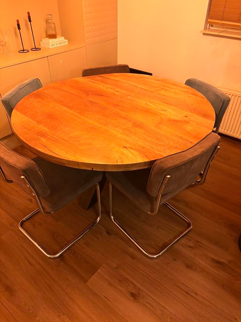140cm Ronde eettafel mangohout, Ophalen, Zo goed als nieuw, Rond, 100 tot 150 cm