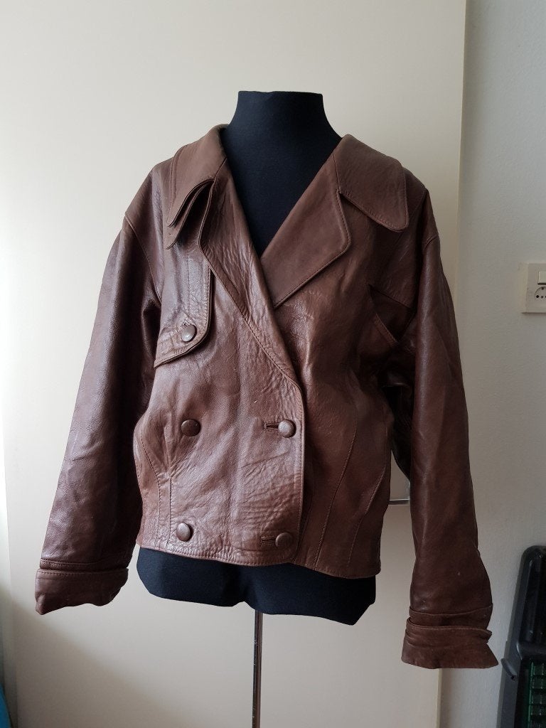 Bruin vintage leren jack jas maat L, Ophalen of Verzenden, Gedragen, Maat 42/44 (L), Bruin