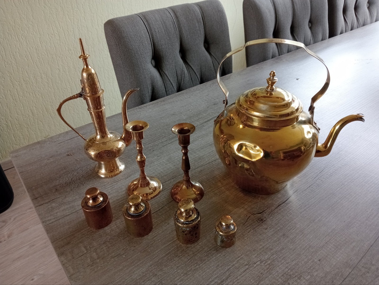 koperen artikelen: theepot, kan, kandelaars, gewichte, Antiek en Kunst, Antiek | Koper en Brons, Ophalen, Koper