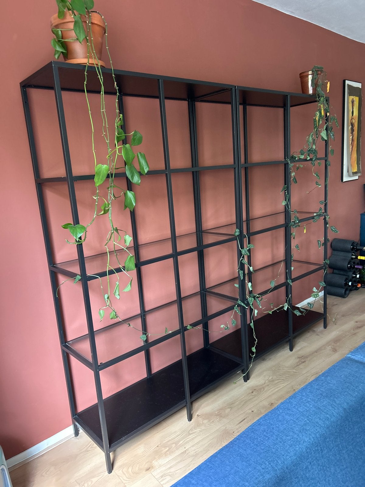 Metalen stellingkast met glazen planken, Ophalen, Met plank(en), Gebruikt, 200 cm of meer