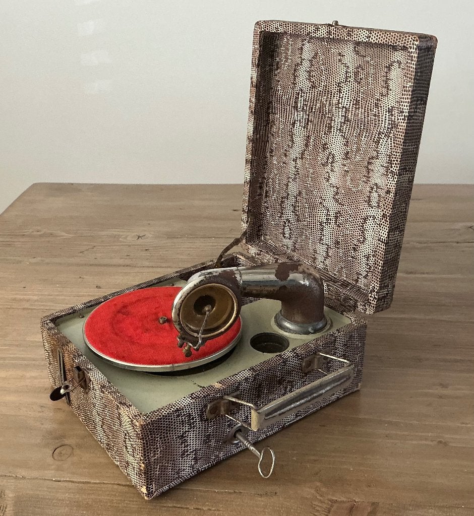 Antieke draagbare platenspeler met koffer, Antiek en Kunst, Ophalen of Verzenden