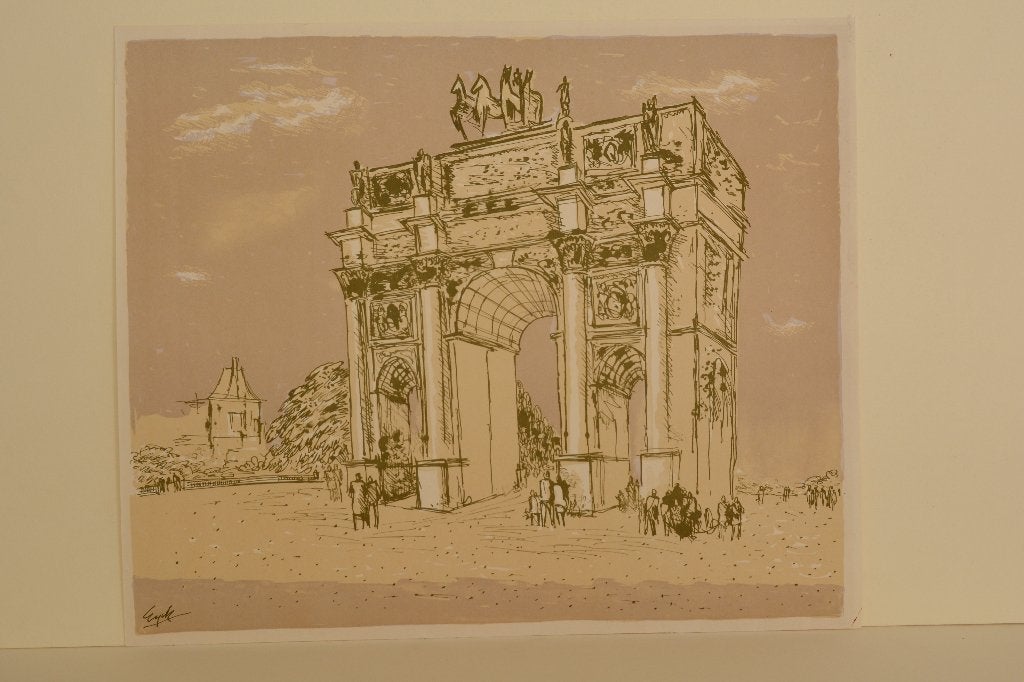 CHARLES EYCK PARIJS ARC DU CARROUSEL bij LOUVRE Litho SP7, Origineel, Overige onderwerpen, Ophalen of Verzenden, Lithografie