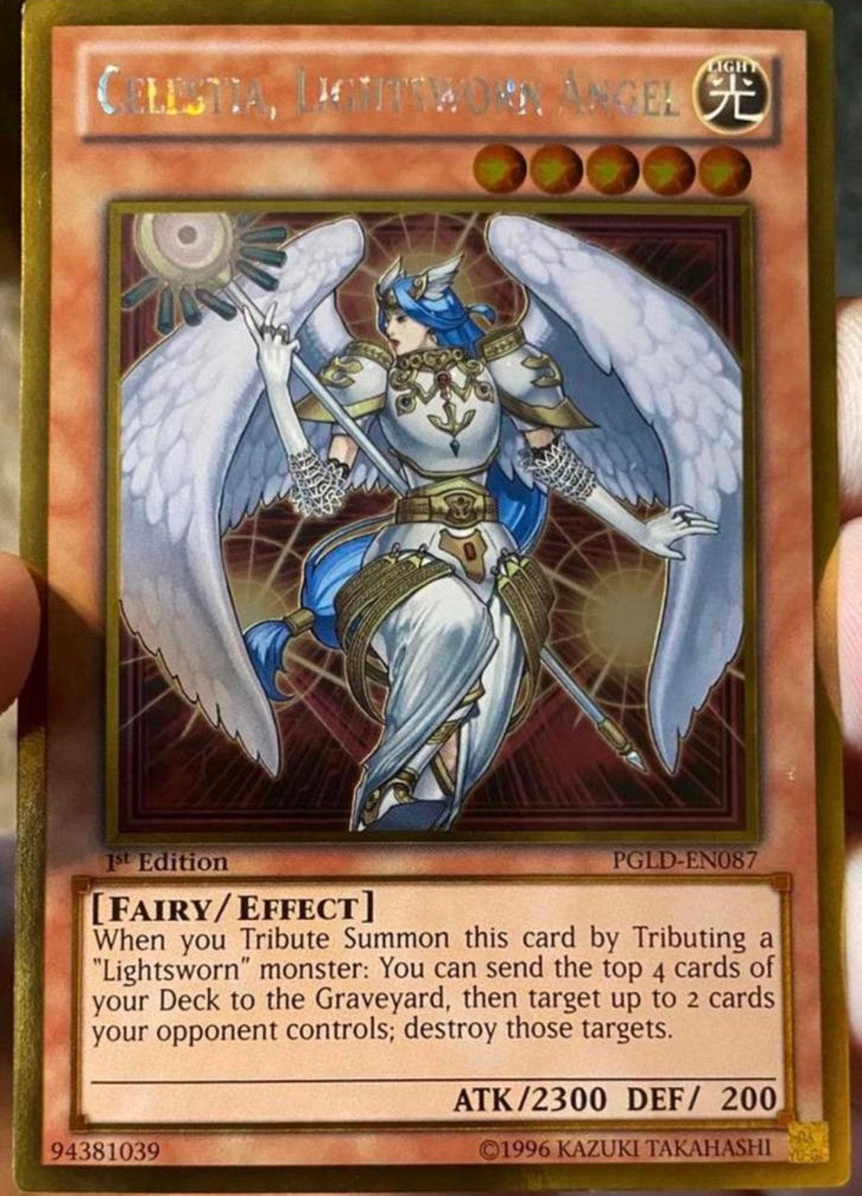 Yu-Gi-Oh! Celestia, Lightsworn Angel PGLD 1st Edition !, Ophalen of Verzenden, Zo goed als nieuw, Losse kaart, Foil