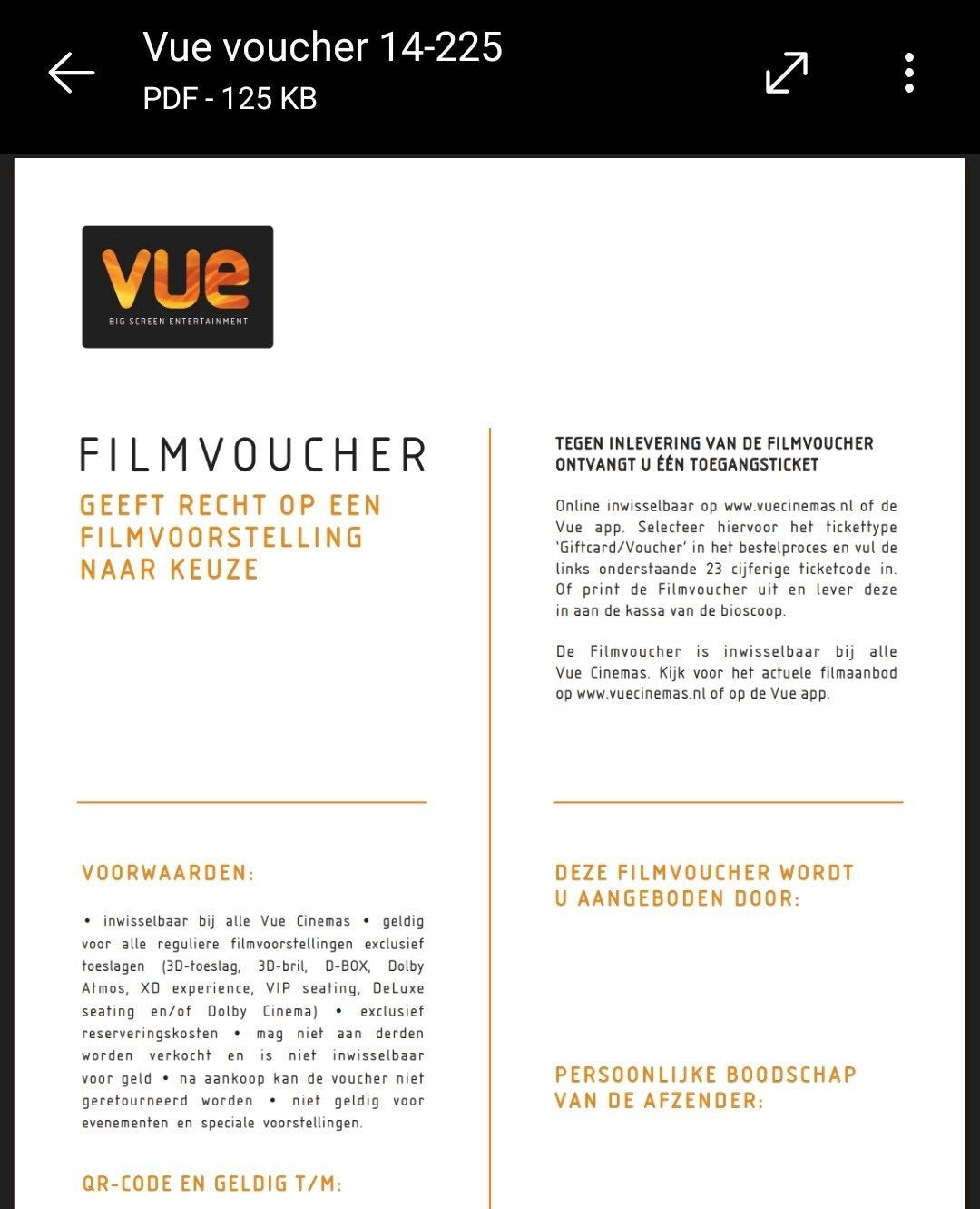 1 vue voucher, Eén persoon, Vrijkaartje alle films
