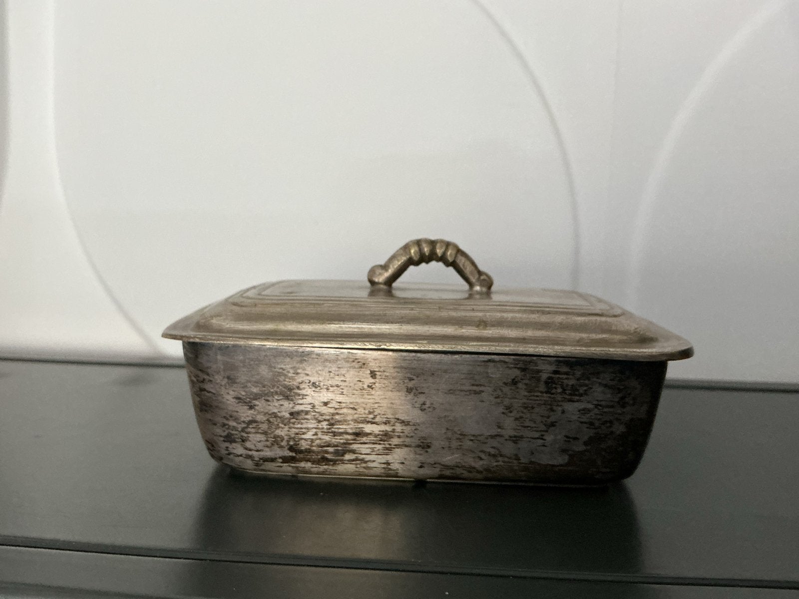 Antieke zilverkleurige botervloot met deksel, Ophalen of Verzenden