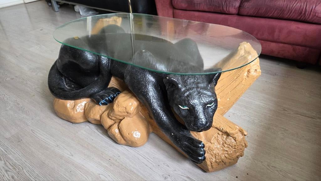 Unieke glazen salon- en eettafel met pantervoet, Ophalen, Gebruikt, 50 tot 100 cm, Rechthoekig