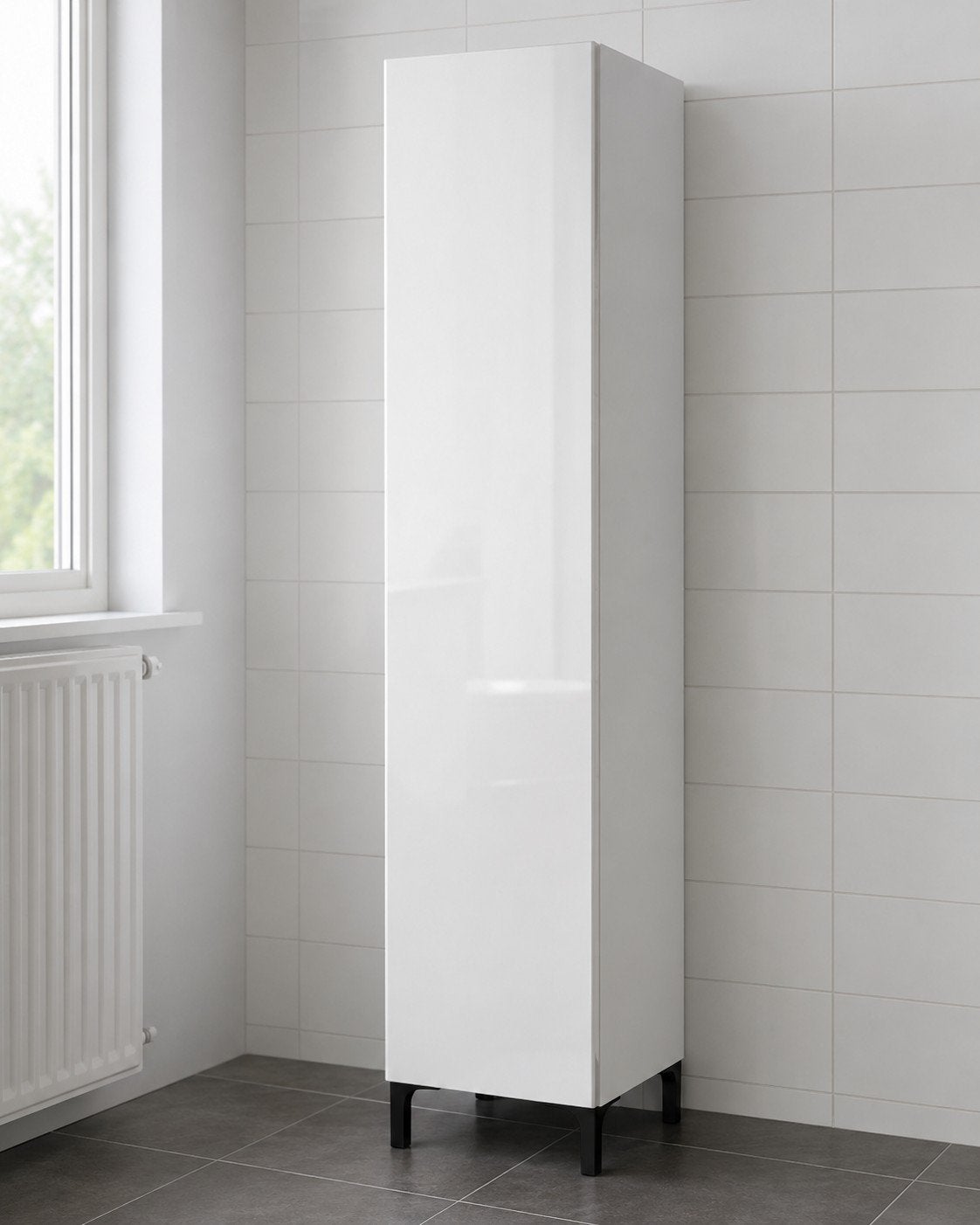 IKEA GODMORGON hoge kast hoogglans wit, zwarte NANNARP poten, Ophalen, (Half)hoge kast, 50 tot 100 cm, Zo goed als nieuw