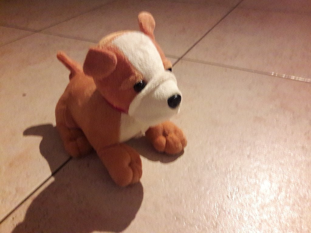 knuffelhondje op batterijen 2, Ophalen of Verzenden, Zo goed als nieuw, Hond, Klein (minder dan 20 cm)