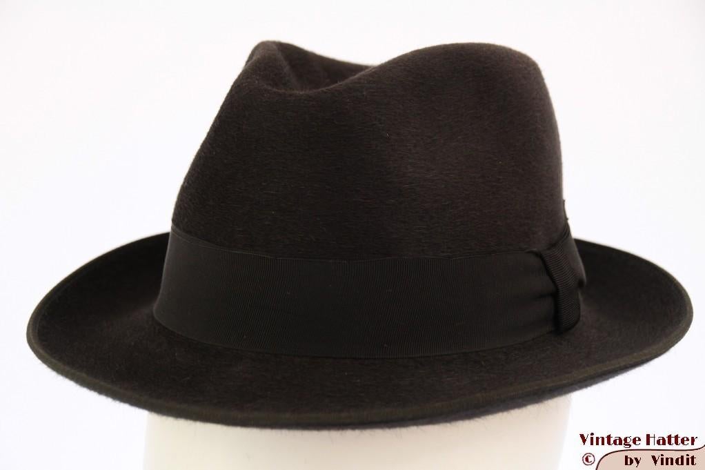 Vintage Gleufhoed Rein Haar zwart grijs haarvilt 55 = S - XS, Ophalen of Verzenden, 57 cm (M, 7⅛ inch) of minder, Gedragen, Rein Haar - Maria Mayer