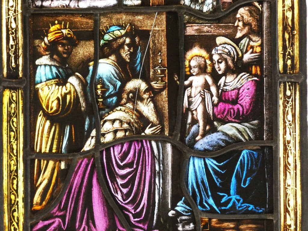 Glas in lood Aanbidding Drie Koningen Kerststal Jezus Maria, Ophalen of Verzenden