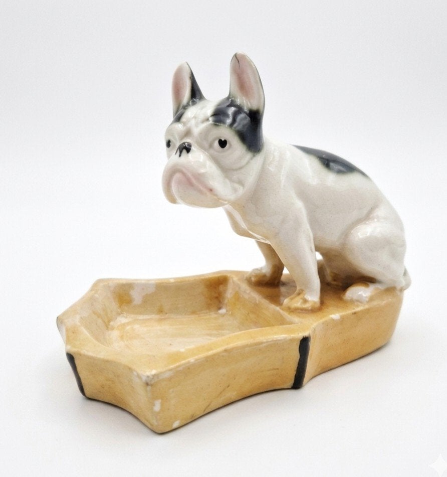 Zeldzame Vintage Franse Bulldog Porseleinen Zeepschaal, Ophalen of Verzenden