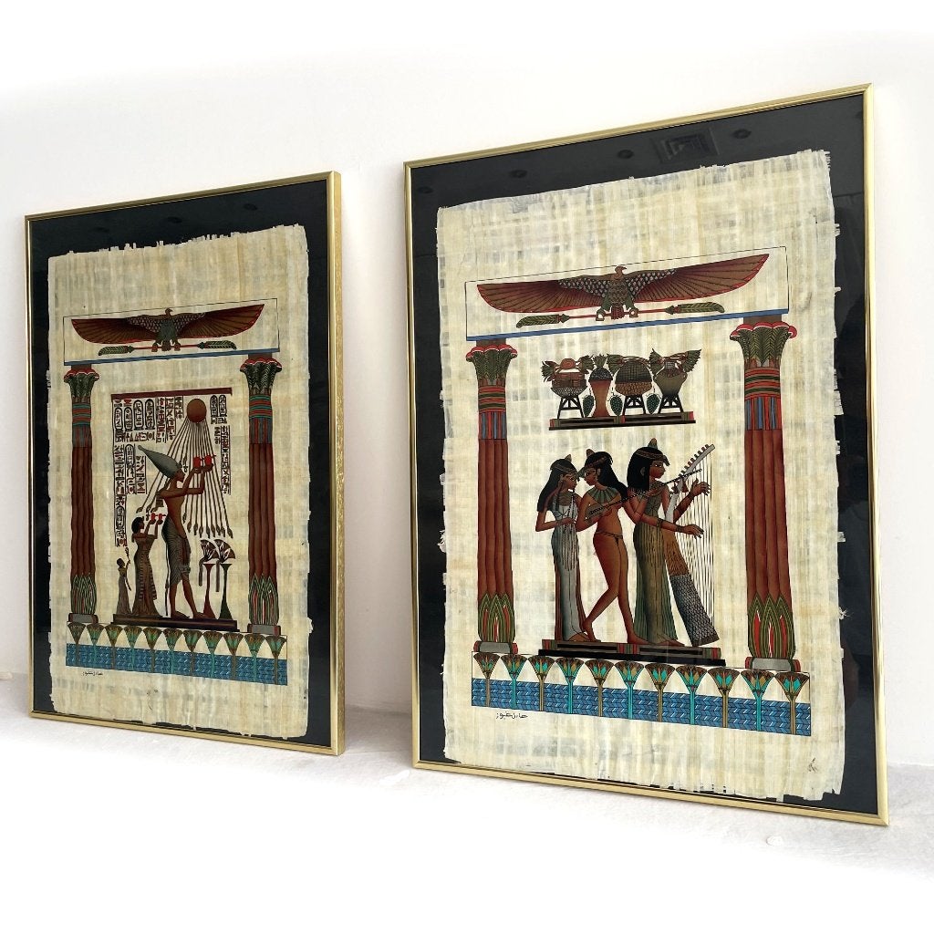 Twee gesigneerde Egyptische schilderijen op papyrus., Antiek en Kunst, Ophalen of Verzenden, Ingelijst