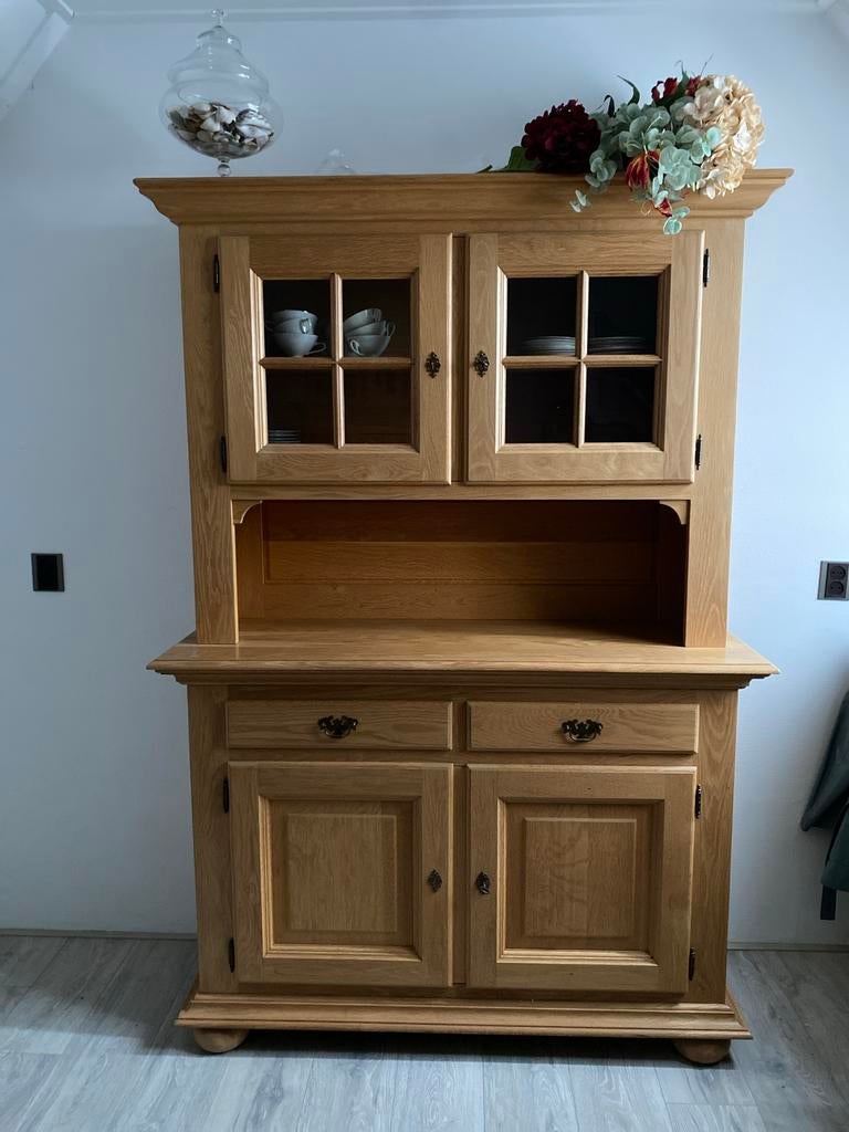 Massieve Blank Eiken Buffetkast met Glas en Lades, Huis en Inrichting, Kasten | Buffetkasten, Ophalen, Gebruikt, 100 tot 150 cm