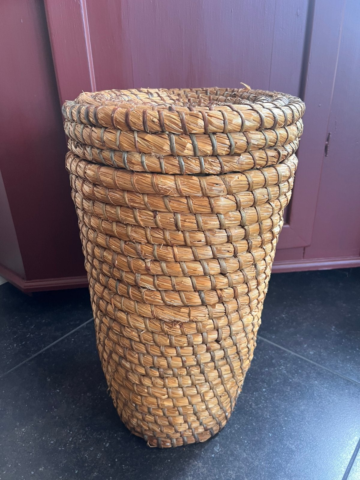 Vintage rieten / stro opbergmand met deksel, Ophalen, Gebruikt, Mand, Handgemaakt