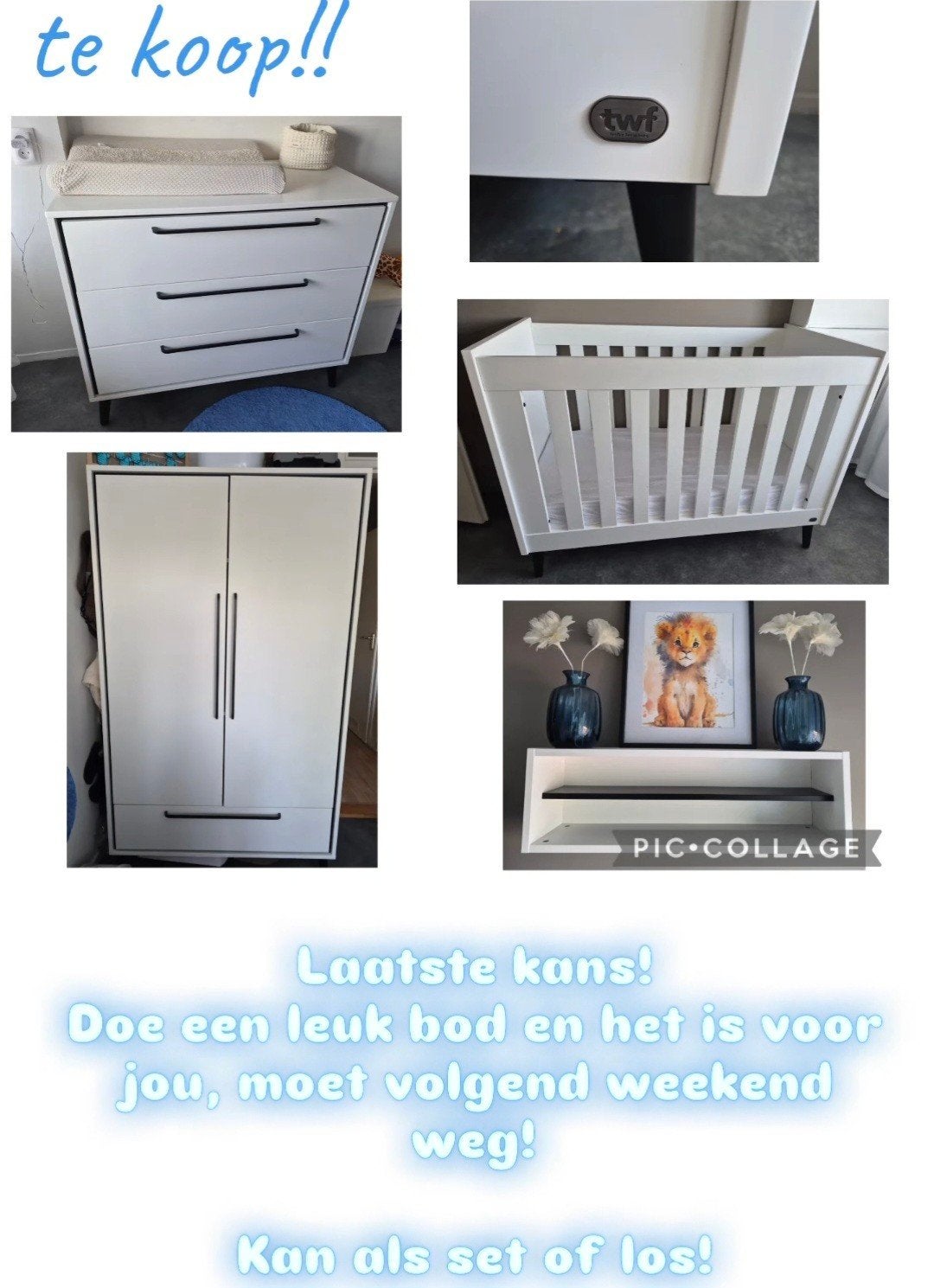 TWF Babykamer Set: Kledingkast, Ledikant, Commode, W, Ophalen