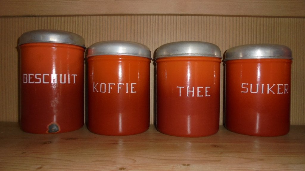 oranjegevlamd emaille beschuit koffie thee suikerbussen, Ophalen