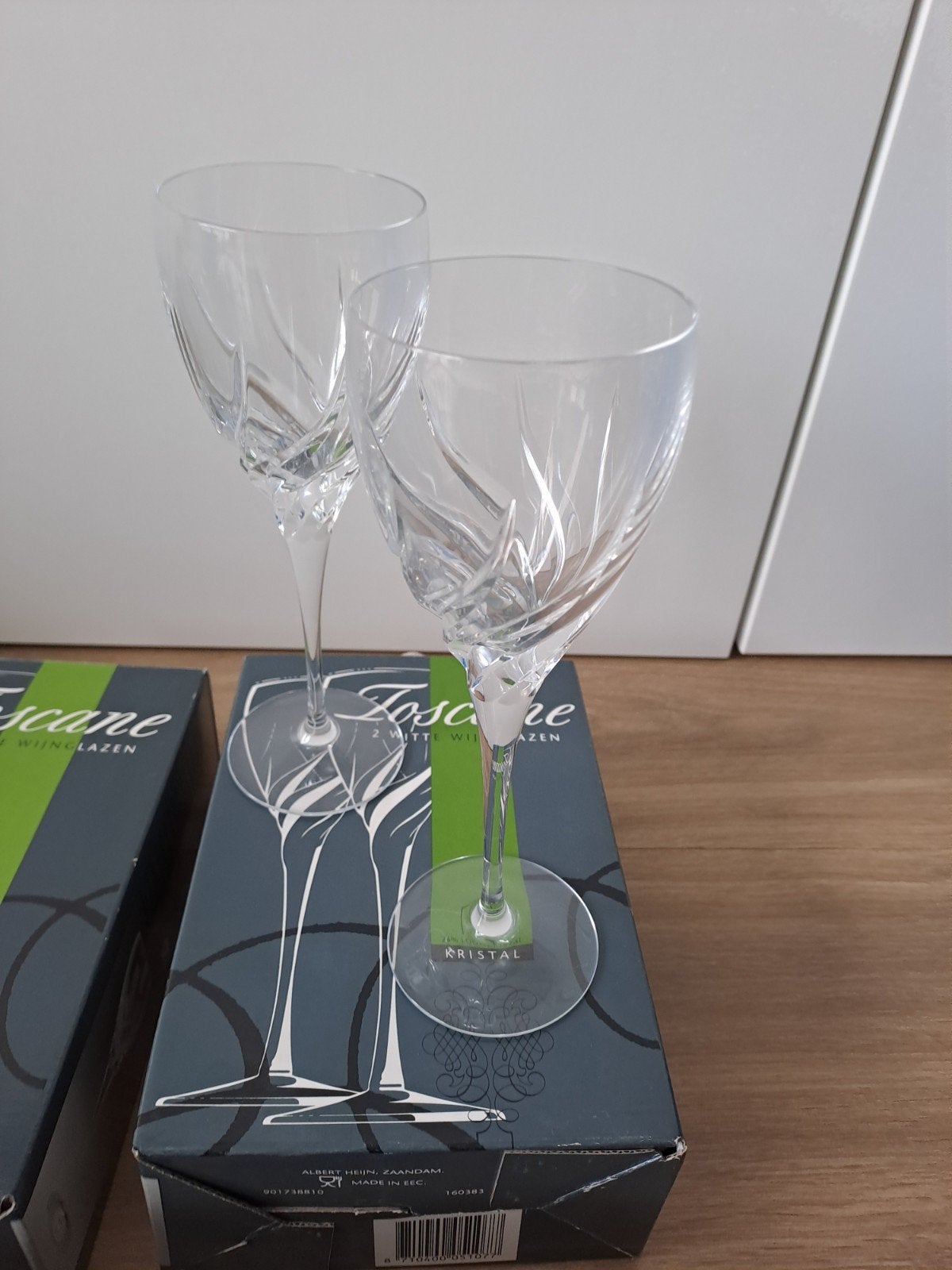 AH kristal Toscane 6 Witte Wijn glazen, Verzamelen, Glas en Borrelglaasjes, Ophalen, Zo goed als nieuw, Overige typen