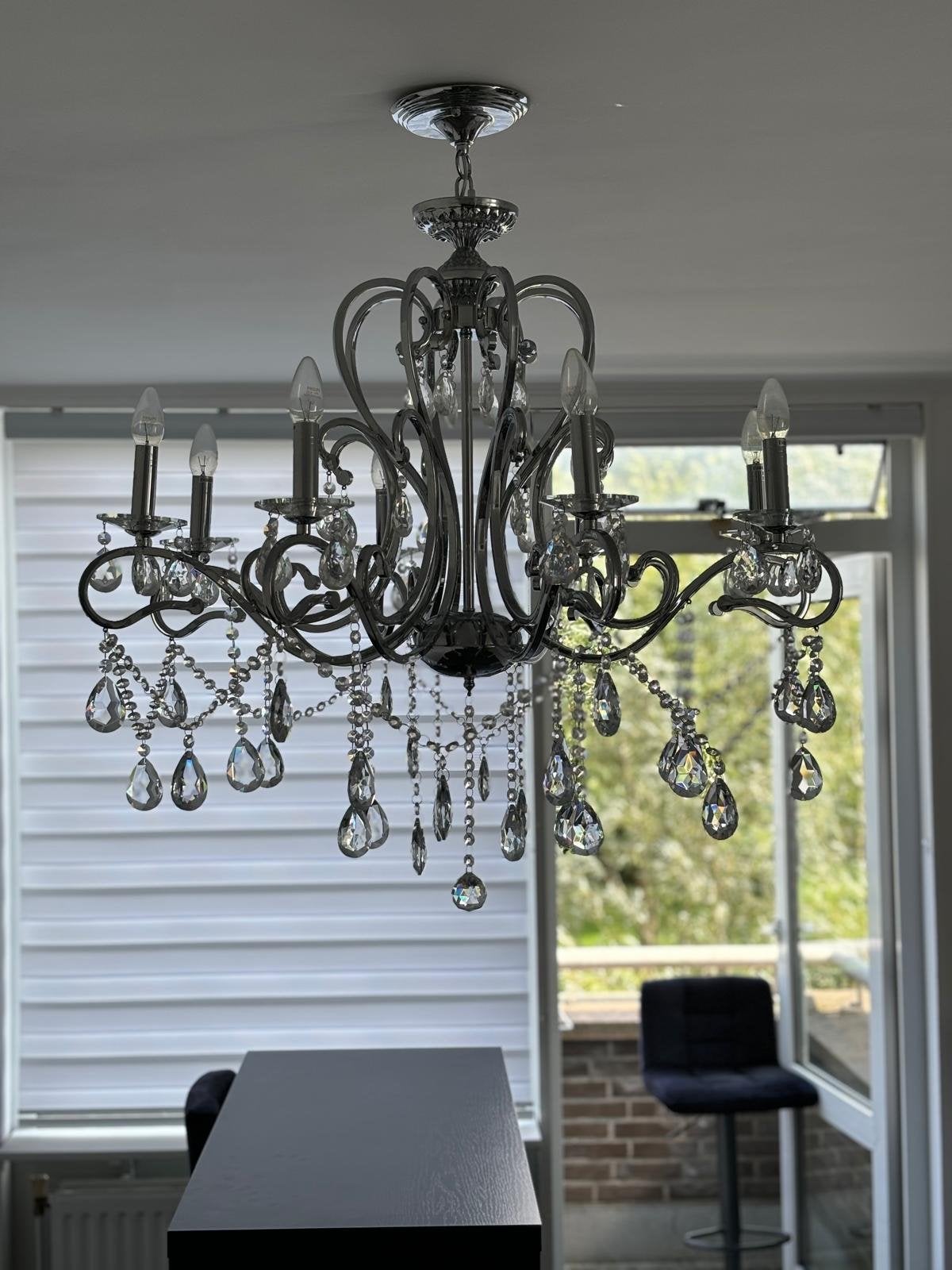 Elegante Kroonluchter met Kristallen - 8 Lichtpunten, Ophalen, Zo goed als nieuw, Metaal, E14 (klein)