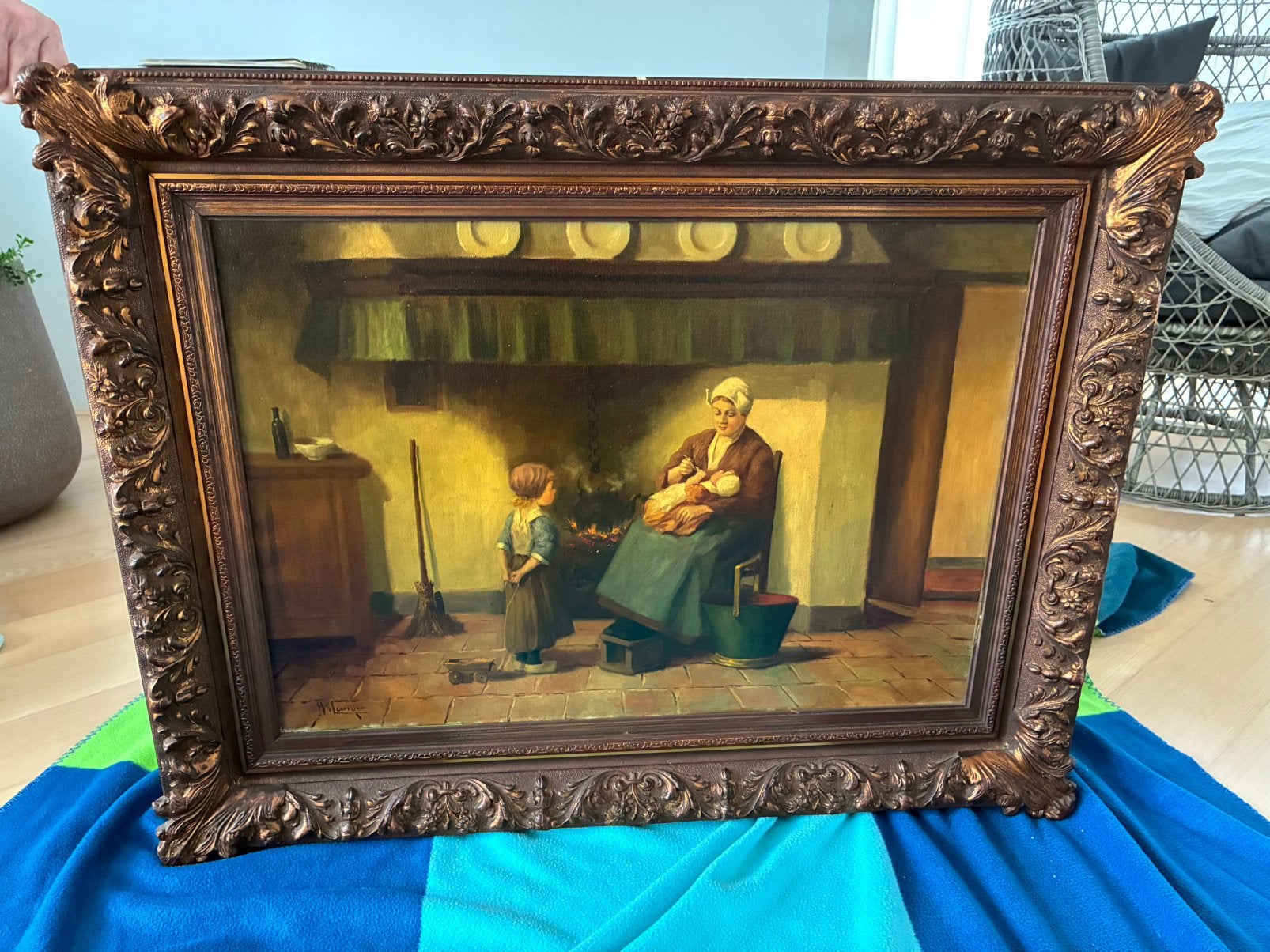 Oud Hollands schilderij: Moeder met kind bij de haard, Antiek en Kunst, Ophalen