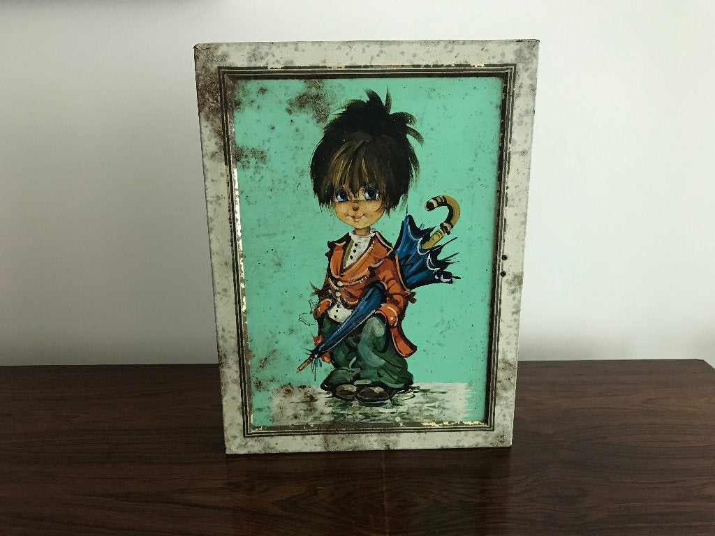 Mooi groot oud blik Sugro decor Meisje met paraplu, Verzamelen, Blikken, Ophalen of Verzenden, Gebruikt, Overige, Overige merken