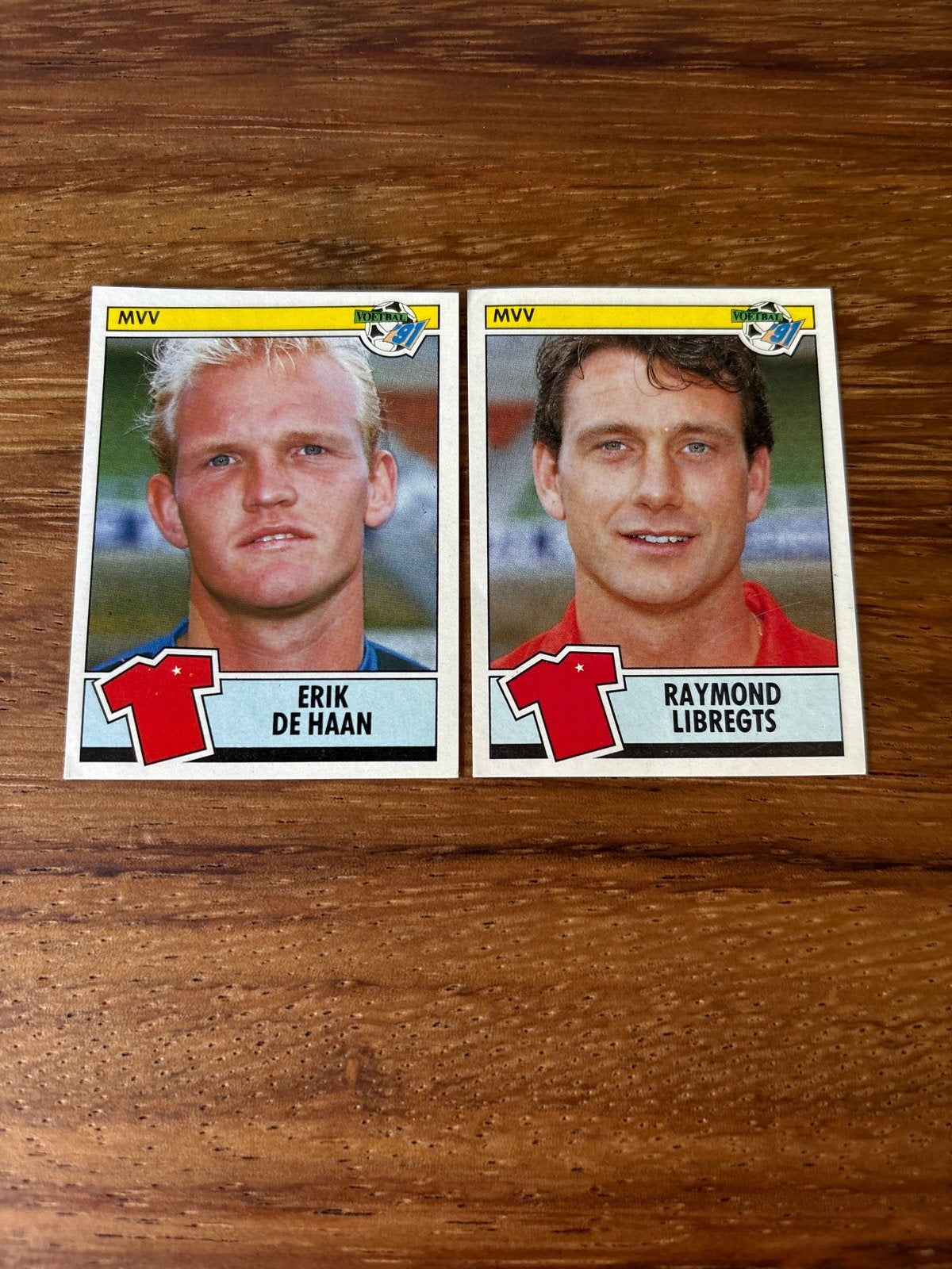 Panini Voetbal 1991 MVV Erik de Haan & Raymond Libregts, Ophalen of Verzenden, Zo goed als nieuw, Stickers en Plaatjes