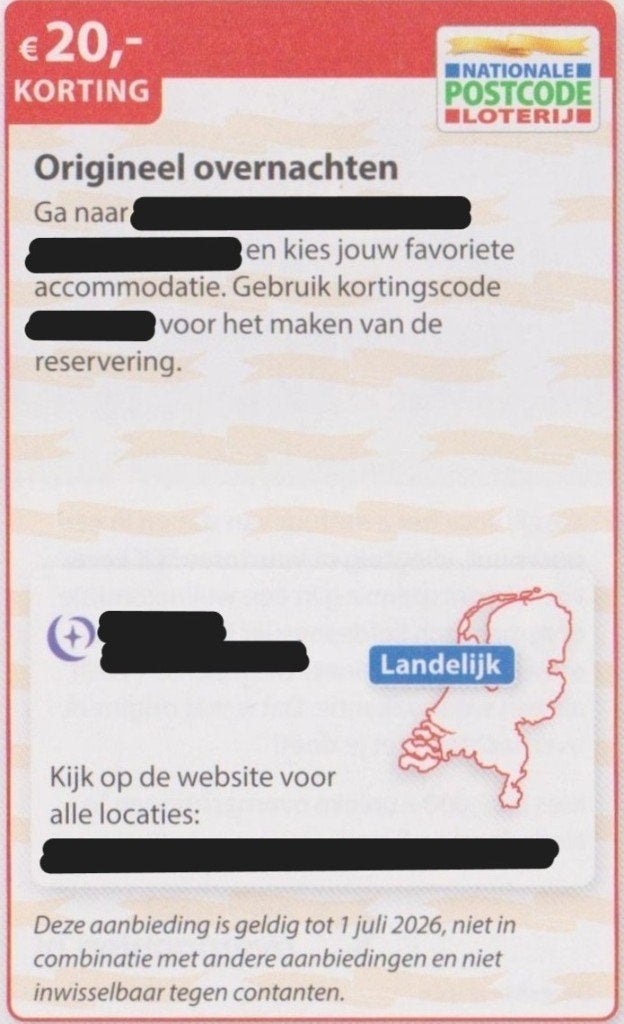 Origineel overnachten. € 20,- korting. Postcodeloterij bon., Drie personen of meer, 3 overnachtingen of meer