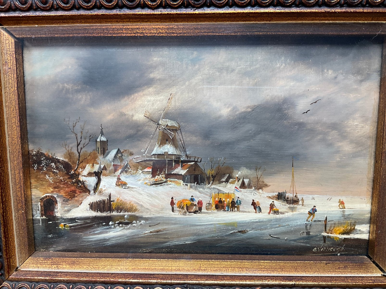 Oud Sneeuwlandschap olieverf op paneel, Ophalen of Verzenden